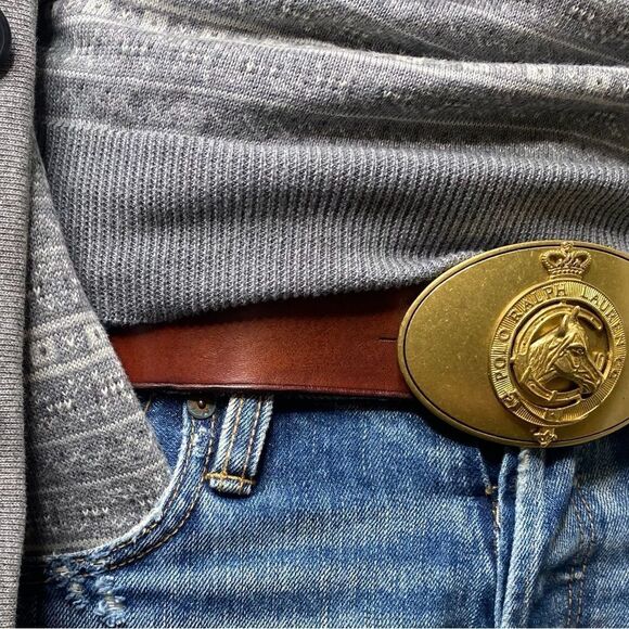 Ralph Lauren Made in England Vintage Brass Horse Head Crown Buckle Leather Belt - Picture 8 of 16